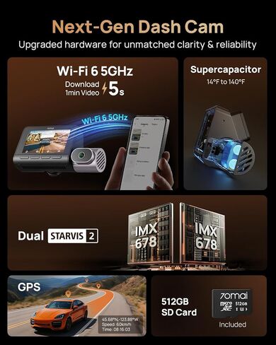 【70mai T800+CPL for T800】 70mai 4K T800 3 Channel Dash Cam, Dash Cam Front and Rear Inside(2160P+2160P+1080P), STARVIS 2 IMX678, HDR Night Vision, Dash Camera for Cars with 512GB Card, WiFi 6, 4G LTE in Kuwait
