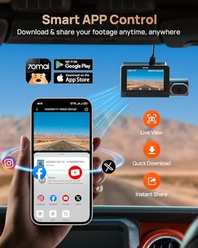 【70mai T800+CPL for T800】 70mai 4K T800 3 Channel Dash Cam, Dash Cam Front and Rear Inside(2160P+2160P+1080P), STARVIS 2 IMX678, HDR Night Vision, Dash Camera for Cars with 512GB Card, WiFi 6, 4G LTE in Kuwait