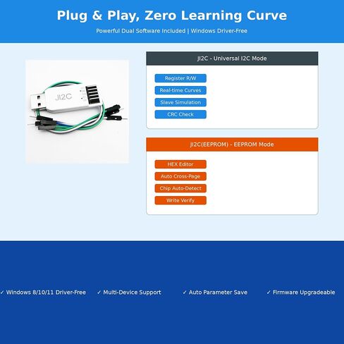 JI2C USB to I2C Adapter & EEPROM Debugger | Multi-Device Support, Real-Time Curve Plotting, Fast Read/Write for I2C Registers - Windows Compatible in Kuwait
