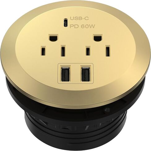 TOPGREENER GaN Desk Grommet with 65W PD for MacBook, Desktop Power Grommet with 1 Fast Charging USB-C Port, 2 USB-A Ports and Duplex Receptacles, TTRP48APD60-GD, Gold in Kuwait