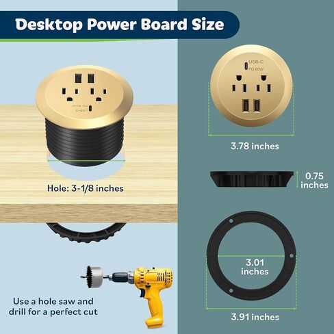 TOPGREENER GaN Desk Grommet with 65W PD for MacBook, Desktop Power Grommet with 1 Fast Charging USB-C Port, 2 USB-A Ports and Duplex Receptacles, TTRP48APD60-GD, Gold in Kuwait