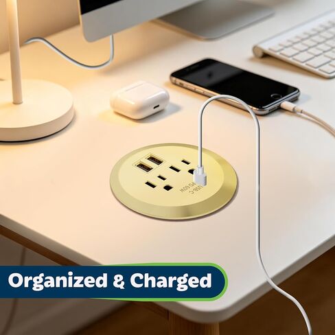 TOPGREENER GaN Desk Grommet with 65W PD for MacBook, Desktop Power Grommet with 1 Fast Charging USB-C Port, 2 USB-A Ports and Duplex Receptacles, TTRP48APD60-GD, Gold in Kuwait