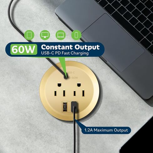 TOPGREENER GaN Desk Grommet with 65W PD for MacBook, Desktop Power Grommet with 1 Fast Charging USB-C Port, 2 USB-A Ports and Duplex Receptacles, TTRP48APD60-GD, Gold in Kuwait