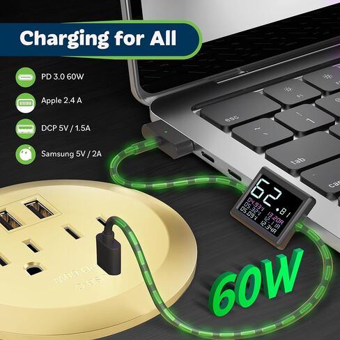 TOPGREENER GaN Desk Grommet with 65W PD for MacBook, Desktop Power Grommet with 1 Fast Charging USB-C Port, 2 USB-A Ports and Duplex Receptacles, TTRP48APD60-GD, Gold in Kuwait