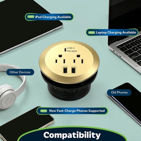 TOPGREENER GaN Desk Grommet with 65W PD for MacBook, Desktop Power Grommet with 1 Fast Charging USB-C Port, 2 USB-A Ports and Duplex Receptacles, TTRP48APD60-GD, Gold in Kuwait