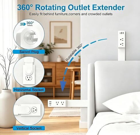 Electrical Outlet Extender Stick, 360° Rotating Outlet Extender, Power Strip with 6 Outlets & 3 USB Ports,Rotating Plug Power Hub for Bedroom, Living Room, Office in Kuwait