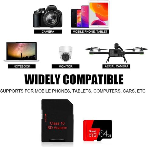 High Speed Micro SD Card with Adapter,64GB TF Card for Security Cameras, Smartphones,Tablets,Drones - U3,Class 10,A1,Full HD Video(Black) in Kuwait