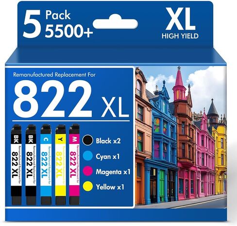 Remanufactured Compatible for 822XL Ink Cartridge Combo Pack for 822 for Epson WF-3820 WF-4830 WF-4820 Workforce Pro WF3820 WF-4833 WF-4834 WF-3823 WF 3820 4830 4820 Printer (5 Pack, 2BKCMY) in Kuwait