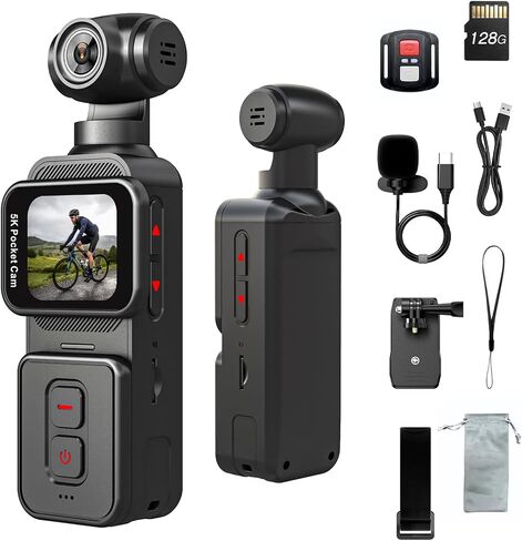 5K Pocket Vlogging Camera Body Camera with Microphone, 5K/20FPS and 4K/60FPS, 1.69'' Touchscreen, 270° Rotating Lens, Face Tracking, Wi-Fi, 6-Axis Stabilization, for YouTube, Travel, Work (128GB) in Saudi Arabia