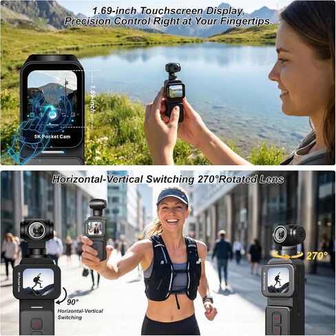 5K Pocket Vlogging Camera Body Camera with Microphone, 5K/20FPS and 4K/60FPS, 1.69'' Touchscreen, 270° Rotating Lens, Face Tracking, Wi-Fi, 6-Axis Stabilization, for YouTube, Travel, Work (128GB) in Saudi Arabia
