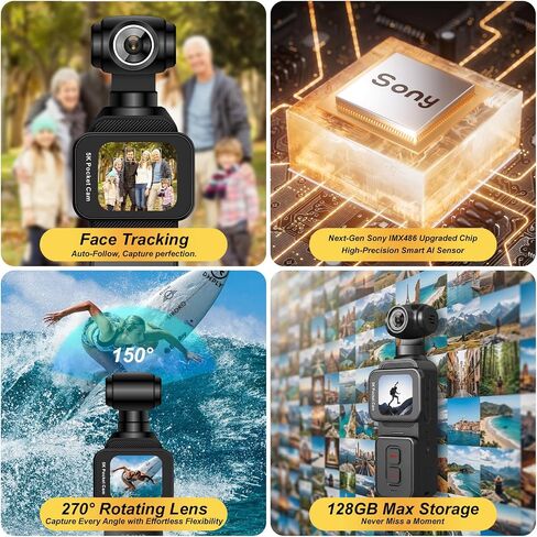 5K Pocket Vlogging Camera Body Camera with Microphone, 5K/20FPS and 4K/60FPS, 1.69'' Touchscreen, 270° Rotating Lens, Face Tracking, Wi-Fi, 6-Axis Stabilization, for YouTube, Travel, Work (128GB) in Saudi Arabia