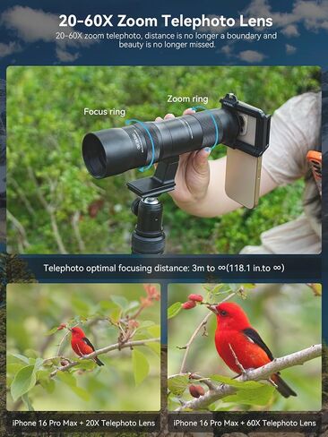 MIAO LAB 20-60X Zoom Telephoto Lens, High Power Telephoto Mobile Cell Phone Lens with Tripod & Universal Phone Clip, for iPhone 17/16/15/14/13 Series, Samsung, Android and Most Smartphone in Saudi Arabia