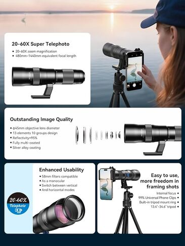 MIAO LAB 20-60X Zoom Telephoto Lens, High Power Telephoto Mobile Cell Phone Lens with Tripod & Universal Phone Clip, for iPhone 17/16/15/14/13 Series, Samsung, Android and Most Smartphone in Saudi Arabia