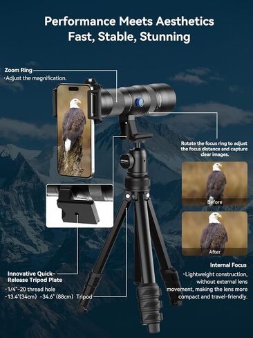 MIAO LAB 20-60X Zoom Telephoto Lens, High Power Telephoto Mobile Cell Phone Lens with Tripod & Universal Phone Clip, for iPhone 17/16/15/14/13 Series, Samsung, Android and Most Smartphone in Saudi Arabia