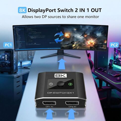 8K@60Hz DisplayPort Switch 2 in 1 Out, 3-Port DP1.4 DisplayPort Switcher Selector Box Support 4K@144Hz High Refresh Rate with DSC, Display Port Monitor Switch for Laptop, Desktop, Graphics Card in Kuwait