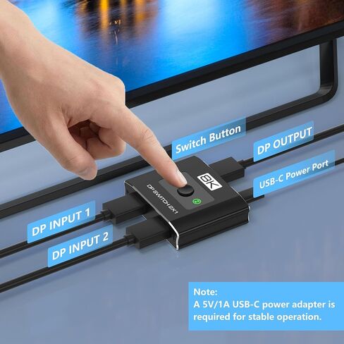 8K@60Hz DisplayPort Switch 2 in 1 Out, 3-Port DP1.4 DisplayPort Switcher Selector Box Support 4K@144Hz High Refresh Rate with DSC, Display Port Monitor Switch for Laptop, Desktop, Graphics Card in Kuwait