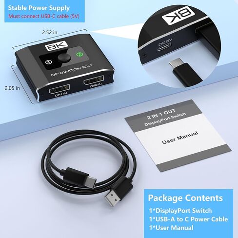 8K@60Hz DisplayPort Switch 2 in 1 Out, 3-Port DP1.4 DisplayPort Switcher Selector Box Support 4K@144Hz High Refresh Rate with DSC, Display Port Monitor Switch for Laptop, Desktop, Graphics Card in Kuwait