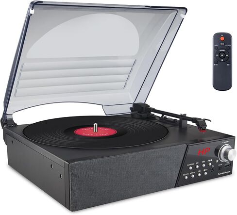 LUXSWAY Record Player, Turntable with Stereo Speakers for Vinyl Records, Vintage Bluetooth 3-Speed Belt Drive, Remote Control, FM Radio/USB Playback/RCA Line-Out/AUX-in/Headphone Jack, Black in Kuwait