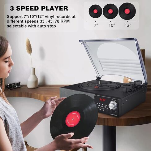 LUXSWAY Record Player, Turntable with Stereo Speakers for Vinyl Records, Vintage Bluetooth 3-Speed Belt Drive, Remote Control, FM Radio/USB Playback/RCA Line-Out/AUX-in/Headphone Jack, Black in Kuwait