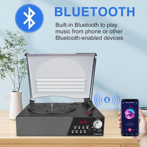LUXSWAY Record Player, Turntable with Stereo Speakers for Vinyl Records, Vintage Bluetooth 3-Speed Belt Drive, Remote Control, FM Radio/USB Playback/RCA Line-Out/AUX-in/Headphone Jack, Black in Kuwait