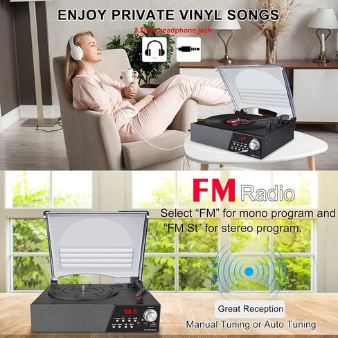 LUXSWAY Record Player, Turntable with Stereo Speakers for Vinyl Records, Vintage Bluetooth 3-Speed Belt Drive, Remote Control, FM Radio/USB Playback/RCA Line-Out/AUX-in/Headphone Jack, Black in Kuwait