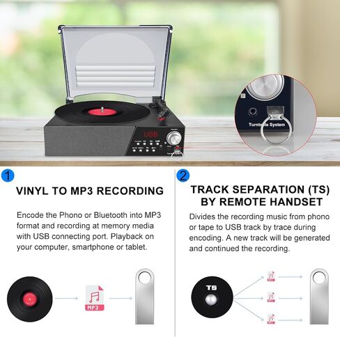 LUXSWAY Record Player, Turntable with Stereo Speakers for Vinyl Records, Vintage Bluetooth 3-Speed Belt Drive, Remote Control, FM Radio/USB Playback/RCA Line-Out/AUX-in/Headphone Jack, Black in Kuwait