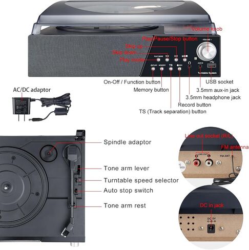 LUXSWAY Record Player, Turntable with Stereo Speakers for Vinyl Records, Vintage Bluetooth 3-Speed Belt Drive, Remote Control, FM Radio/USB Playback/RCA Line-Out/AUX-in/Headphone Jack, Black in Kuwait