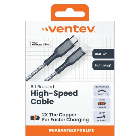 Ventev 6ft Braided USB C to Lightning Cable, Apple MFi Certified Fast Charging Cord, High-Speed Durable Nylon iPhone Charger Wire, Heavy Duty Extended Strain Relief, Universal Fit - Gray in Kuwait