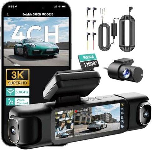 BOTSLAB 3K 4 Channel Dash Cam with BOTSLAB Hardwire Kit Fuse Tap Type C，560° All-Sides View, Front and Rear Inside, Car Camera with 3.18"Touch Screen, Dash Camera 24/7 Parking Mode in Kuwait