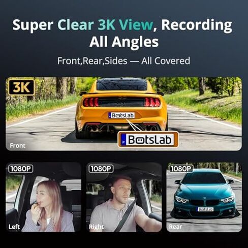 BOTSLAB 3K 4 Channel Dash Cam with BOTSLAB Hardwire Kit Fuse Tap Type C，560° All-Sides View, Front and Rear Inside, Car Camera with 3.18"Touch Screen, Dash Camera 24/7 Parking Mode in Kuwait