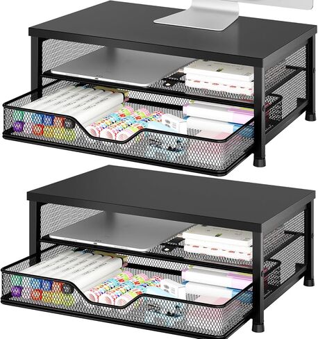 OPNICE Computer Monitor Stand Riser, Desk Organizer with Drawer, Printer & Laptop Stand, Office Desk Accessories & Workspace Desktop Organizers Storage for Office Supplies(Brown) in Kuwait
