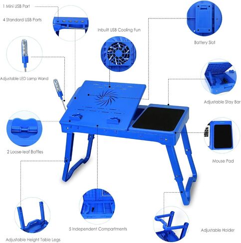 Moclever Laptop Table for Bed-Multi-Functional Laptop Bed Table Tray with Internal Cooling Fan & 2 Independent Laptop Stands-Foldable & 3 Different Height Laptop Desk-LED Lamp-4 Port USB in Kuwait