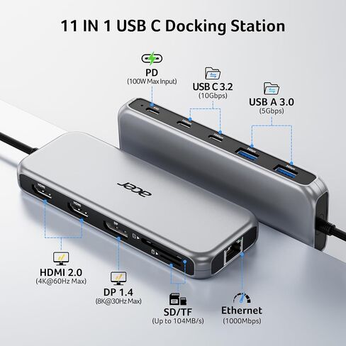 Acer Laptop Docking Station 3 Monitors, 11-in-1 USB C Docking Station in Kuwait