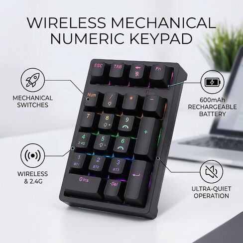 Asixxsix Mechanical Numeric Keypad, Bluetooth 2.4G Type C Wired 21 Keys RGB Backlit Numpad with Quiet Noise Reduction, for Laptop PC Desktop Data Entry Accounting in Kuwait