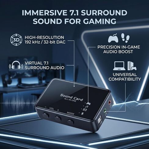 Cuifati USB External Sound Card, 192kHz 32bit DAC Virtual 7.1 Surround Sound for Gaming PC, with 3.5mm Headphone Jack and 24dB Audio Boost in Kuwait