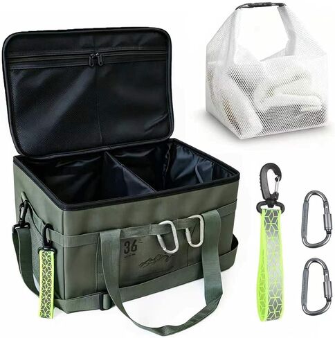 GoldCamp 35L Camping Tote Organizer–Portable Gear Bag with 3 Dividers, Multiple Compartments, Waterproof Oxford, Lightweight Cookware & Tools （+2 Carabiners, Waterproof Pouch，Reflective Keychain） in Kuwait