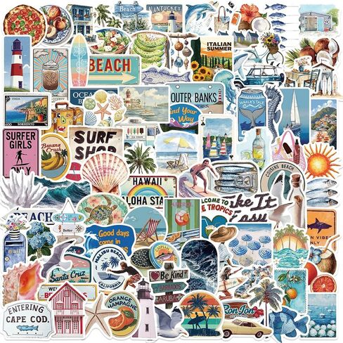 100PCS Pink & Blue Coastal Girls Aesthetic Stickers, Cool Ocean Beach Summer Waterproof Stickers for Water Bottle Laptop Scrapbook Journal, Cute Marine Animal,Shell,Sea Life Decals in Kuwait