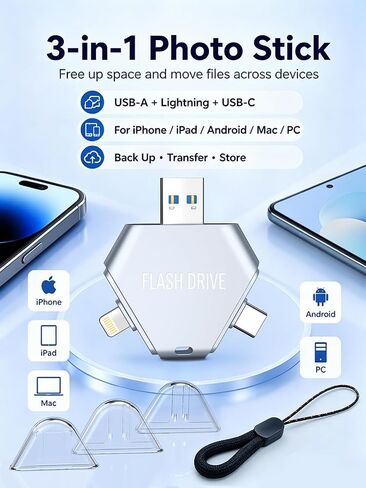 MFi Certified 64GB 3-in-1 Flash Drive for iPhone, Easy Photo, Video and File Backup Storage Stick, High-Speed External Thumb Drive for iOS, Android and PC, Available Space: ~58GB in Kuwait