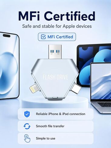 MFi Certified 64GB 3-in-1 Flash Drive for iPhone, Easy Photo, Video and File Backup Storage Stick, High-Speed External Thumb Drive for iOS, Android and PC, Available Space: ~58GB in Kuwait