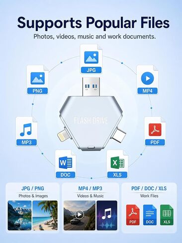 MFi Certified 64GB 3-in-1 Flash Drive for iPhone, Easy Photo, Video and File Backup Storage Stick, High-Speed External Thumb Drive for iOS, Android and PC, Available Space: ~58GB in Kuwait