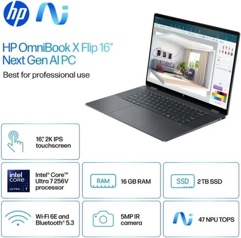 HP Envy 2-in-1 Laptop, OmniBook X Flip 16" FHD+ Touch Copilot+ PC, Intel Core Ultra 7 256V, Intel Arc 140V (8GB), 23H Battery, Win 11, Eclipse Gray, W/Stylus Pen (Win11 Home, 16GB | 2TB SSD) in Kuwait