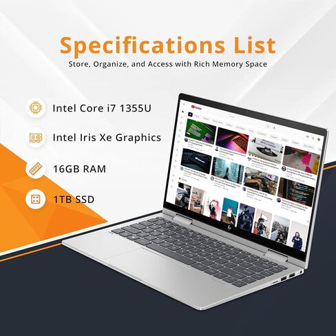 HP Envy x360 2-in-1 14" FHD Touchscreen Laptop, Intel i7-1355U, 16GB RAM, 1TB SSD, Backlit Keyboard, 5MP Camera, Fingerprint Reader, Intel Iris Xe Graphics, Wi-Fi 6E, Win 11, Silver, 32GB USB Card in Kuwait