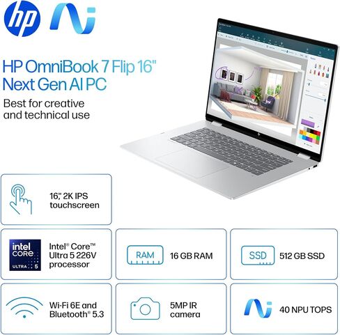 HP OmniBook 7 Flip 16" 2-in-1 Next Gen AI PC, 2K Touchscreen Laptop, Intel Core Ultra 5 226V, 16GB RAM, 512GB SSD, Intel Arc 130V GPU, Windows 11 Home, Copilot+ PC, Glacier Silver, 16-au0000 (Renewed) in Kuwait