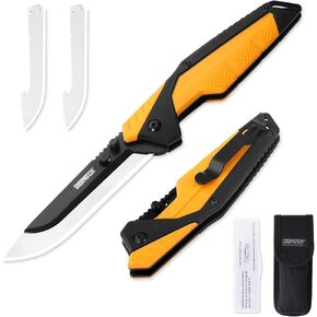 3.5" Replaceable Blade EDC Folding Hunting Knife with Dual Thumb Opener and Pocket Clip with 3 Drop Point Blades, Durable ABS and Non-Slip rubberized TPR Handle with Nylon-Holster, skinning knife in Kuwait