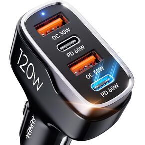SUNDA 120W USB C Fast Car Charger, 4-Port (2 USB-C + 2 USB A) PD 3.0/60W, PPS QC 3.0, Charging for Family & Road Trip, Cigarette Lighter Adapter for iPhone/Samsung Galaxy/Google Pixel/iPad in Kuwait