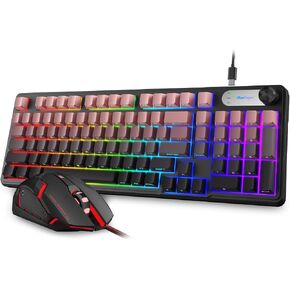 BlueFinger RGB Gaming Keyboard, 98 Keys USB Wired Keyboard with Rainbow Backlit, Volume Knob & Screen, Quiet Typing, Side-Printed PBT Keycaps for PC/Mac in Kuwait