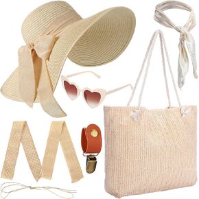 5 Pcs Women Straw Beach Hat Set with Straw Beach Tote Bag Summer Sunglasses Women Head Scarf Hat Clip for Travel in Saudi Arabia