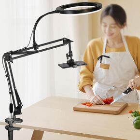 Overhead Camera Mount and Phone Holder with 10" Ring Light Canvas Lamp Adjustable Desk Tripod Stand Compatible with Logitech Webcam for YouTube, Live Streaming, TikTok, Cooking, Nail Video in Kuwait