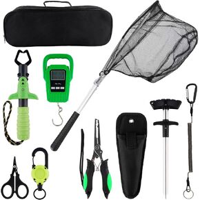 Hikary 10 Pcs Fishing Tool Kit,Folding Fishing Net Set with Storang Bag,Pliers with Lanyard and Protective Sheaths,Hook Remover,Fish Gripper,Fish Scale,Scissors for Fisherman Travel Gifts in Kuwait