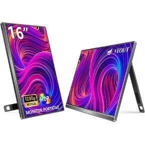 Veout 16" Portable Monitor for Laptop, 1920 * 1200P FHD IPS Travel External Screen, Dual USB-C & Mini-HDMI Blue Light Filter Eye Care Second Display with 4 Colors Kickstand, 0.3" Ultra-Slim in Kuwait